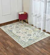 Machine washable vintage-style rug in soft tones.